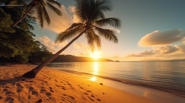 Island palm tree sea sand beach. Panoramic beach landscape. Inspire tropical beach seascape horizon. Orange and golden sunset sky