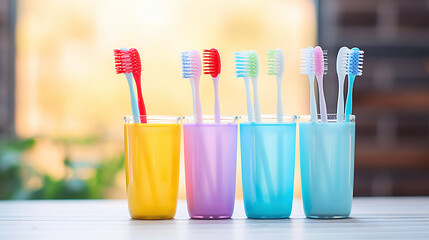 a group of toothbrushes in different colored glasses