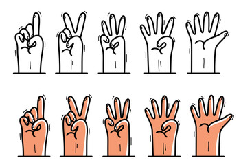 Numbers for one to five hand signs gestures set flat style cartoon icons vector isolated on white.
