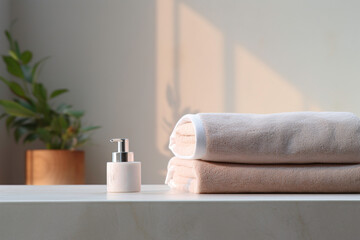 a stack of towels and a soap dispenser - obrazy, fototapety, plakaty