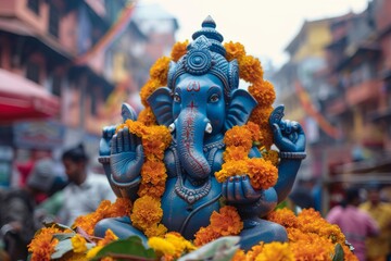 Fototapeta na wymiar Ganesha blue decorated with yellow flowers