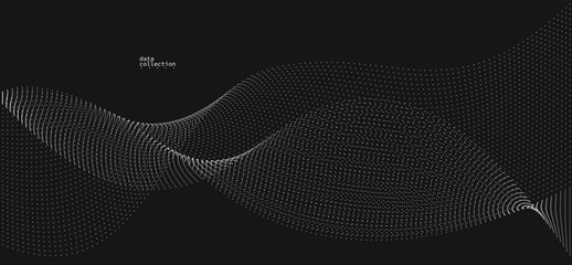 Grey dots in motion vector abstract background over black, particles array wavy flow, curve lines of points in movement, technology and science illustration.