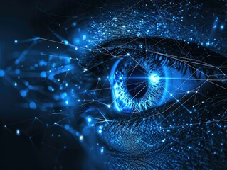 Image featuring an eye in dark blue hues with thin glowing lines and dots. The eye is portrayed as interacting with a complex medical network through, symbolizing advanced healthcare technology. AI
