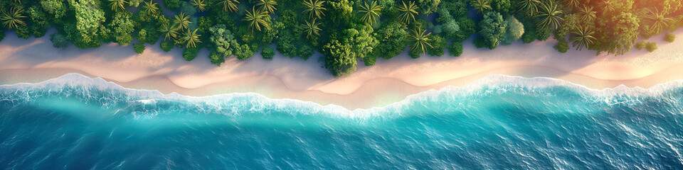 panorama of tropical island with sandy beach and palm trees on coast in sea. Aerial top view