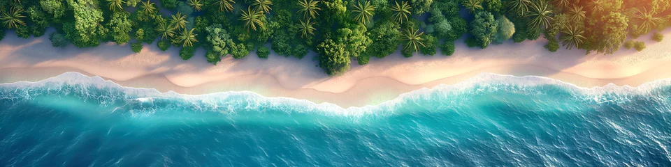 Foto op Canvas panorama of tropical island with sandy beach and palm trees on coast in sea. Aerial top view © alexkoral