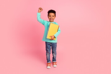 Full size photo of charming small boy hold notebook raise fist celebrate dressed stylish cyan...