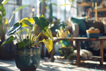 philodendron plant in a ceramic pot interior blurred in the background