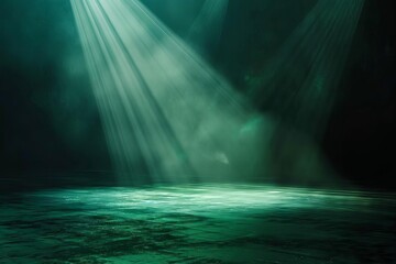 Green spotlights shining on empty stage floor in dark room, dramatic theater performance background illustration - obrazy, fototapety, plakaty