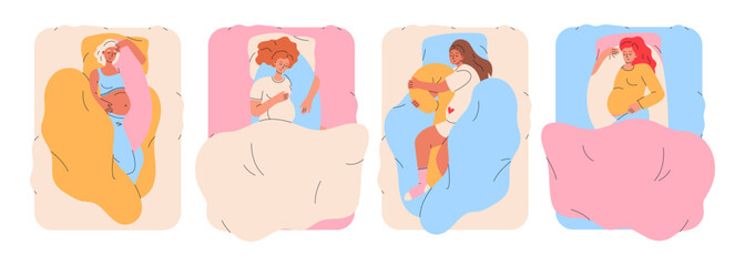 Expectant mothers sleep with specialized pregnancy cushion in different positions . Pregnancy health and care. Flat vector illustration isolated on white background.
