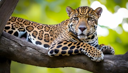 A Jaguar Lounging On A Tree Branch Relaxed Yet Al  2