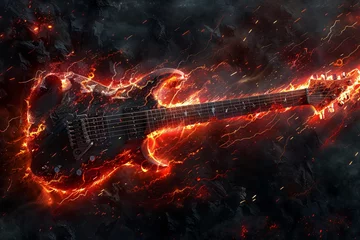 Fotobehang a guitar on fire in the dark © Elena