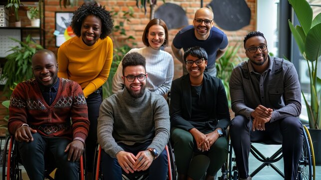 Inclusive office team portrait: diverse group with cheerful smiles and wheelchair user