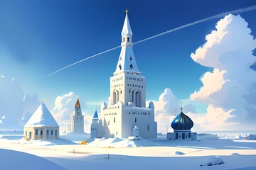 青空RPGゲーム背景雪と氷の国ロシア風ドームのある宮殿 - obrazy, fototapety, plakaty