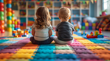 Kids, boy and girl sitting on a carpet in a playroom