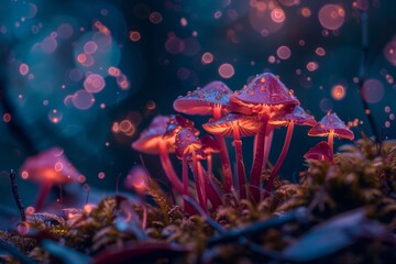 poisonous mushrooms glow bright fabulous - obrazy, fototapety, plakaty