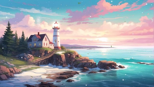 Captivating 4k video footage portraying the serene charm of a winter beach scene featuring a lighthouse.