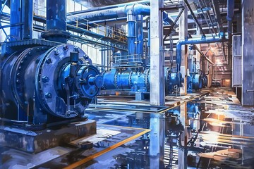 Industrial boiler room with large water treatment facility, blue pumps and stainless steel pipes, digital painting - obrazy, fototapety, plakaty