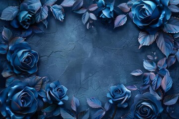 Intricate Creative Floral Frame with Blue Roses on Dark Concrete Background, Digital Illustration - obrazy, fototapety, plakaty