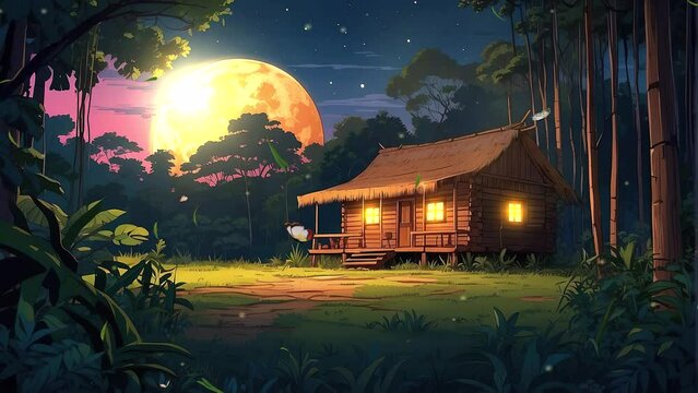 Captivating 4k video footage portraying the serene charm of a forest at night featuring a rustic hut under the full moon.