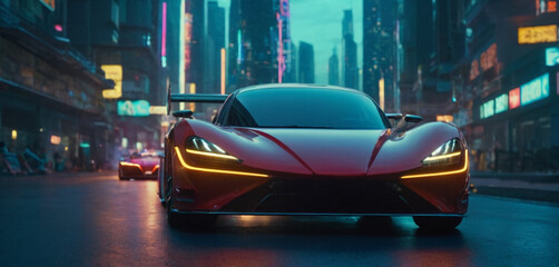 Futuristic sports car with neon glowing shiny luxury cyberpunk city background generative AI 