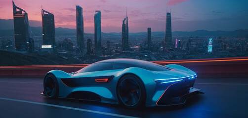 Futuristic sports car with neon glowing shiny luxury cyberpunk city background generative AI 