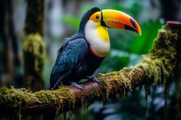 Fototapeta premium Colorful toucan on tree branch in lush rainforest wildlife habitat, tropical bird in natural setting