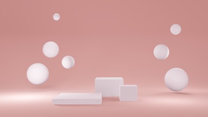 Pastel pink mockup with podium for cosmetics, creams, lotions .Pink and white round stage, pedestal or podium and water and glass bubbles or spheres. background advertisement. Background or mock up