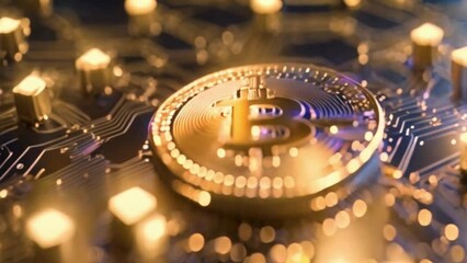 a digital illustration of bitcoin cryptocurrency coin with glowing lights - Powered by Adobe