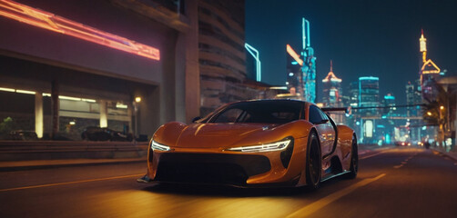 Futuristic sports car with neon glowing shiny luxury cyberpunk city background generative AI 