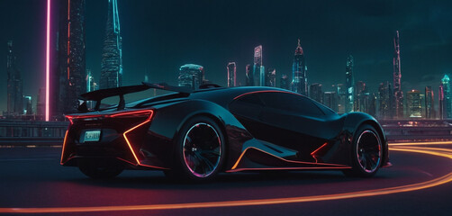 Futuristic sports car with neon glowing shiny luxury cyberpunk city background generative AI 