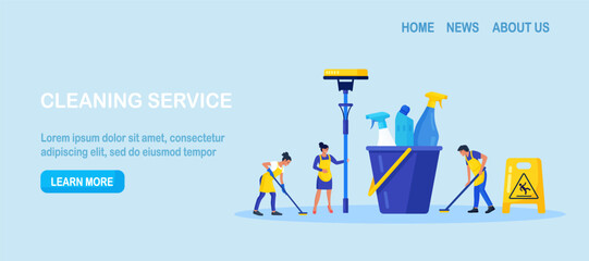 Cleaning service or company. People doing housework. Janitors in uniform washing floor. Professional hygiene service for domestic households. Sanitary chemical products for laundry, floor, toilet