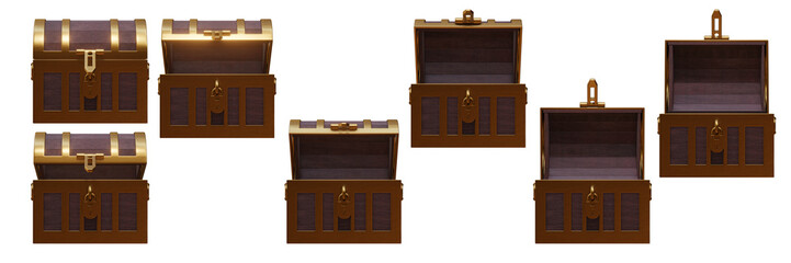 Open old wooden treasure chest box gold metal edge closed to open and empty front view 3D rendering