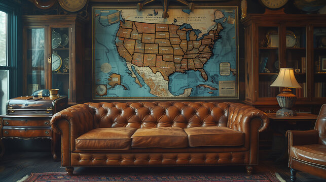 USA map hanging on the wall in the room with sofa