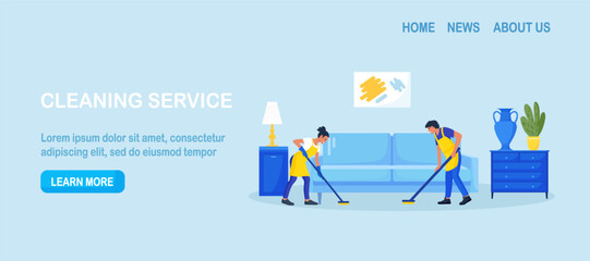 Obraz na płótnie Canvas Cleaning service or company. People doing housework. Janitors in uniform washing floor at home. Professional hygiene service for domestic households. Cleaners tiding up apartment room making cleaning