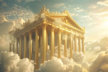 Majestic celestial temple with golden columns amidst clouds and fog, heavenly illustration