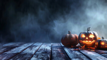 One spooky halloween pumpkin, Jack O Lantern, with an evil face and eyes on a wooden bench, table with a misty gray coastal night background  - obrazy, fototapety, plakaty