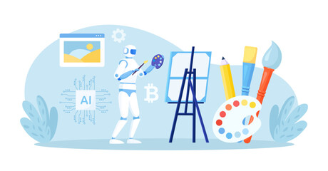 Robot painting creating artwork. Artificial intelligence generating stunning works of art. Robotic technologies in hobbies. AI artist standing and drawing picture with brush