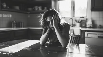 depressed girl crying in the kitchen - obrazy, fototapety, plakaty