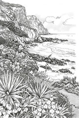 A detailed black and white drawing featuring a rugged beach with large rocks and pebbles, waves crashing against the shore, and seagulls flying overhead