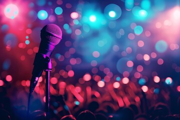 Microphone on stage, live performance background for comedy, music or theater illustration - obrazy, fototapety, plakaty