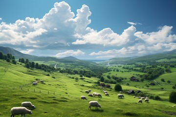 a group of sheep grazing on a green field