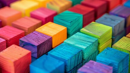 Vibrant spectrum of stacked wooden blocks - conceptual background for creativity, diversity, and growth