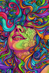 A colorful illustration with intricate details showcasing a womans face amid whimsical, psychedelic designs