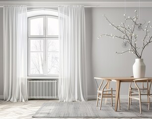 Modern Living Room with White Curtains and Wooden Table Generative AI
