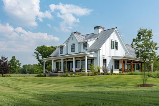 Modern Farmhouse Home Architecture with Gabled Roof and Board and Batten Siding, Digital Painting