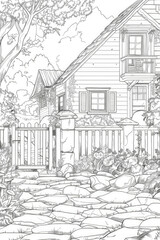 A detailed drawing of a house nestled among trees in a dense forest setting