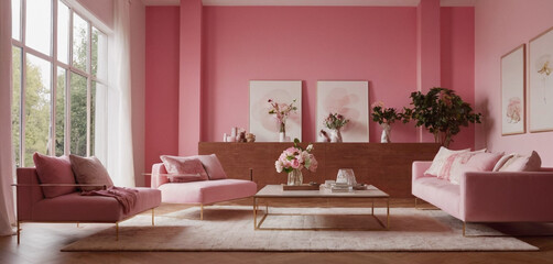 Home interior, living room in pink color, 3d render generative AI 