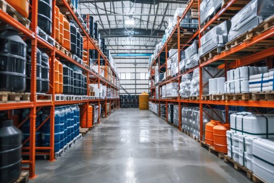 Modern warehouse interior with shelves, boxes and products, industrial storage space