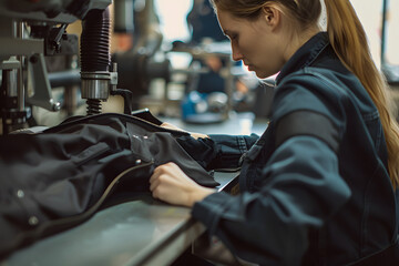 woman creating a black tech pants in the sueing machine - obrazy, fototapety, plakaty