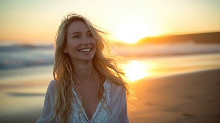 Fototapeta na wymiar Elegant Middle-Aged Lady Smiling by the Seaside